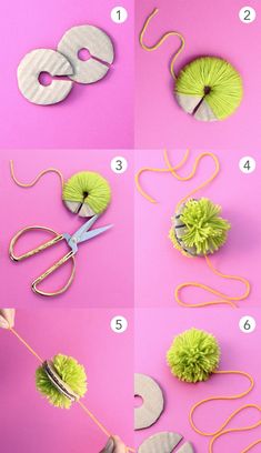 how to make pom - poms with yarn and paper flowers on pink background