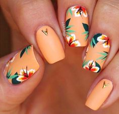 Tropical Vacation Nails Simple, Hawaiian Nails Designs, Hawaii Inspired Nails, Tropical Nails Beach, Island Nails Tropical, Sns Ideas, Tropical Flower Nails, 21 Nails, Tropical Nail Art