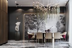 an elegant dining room with black and white wallpaper, chandelier and marble flooring