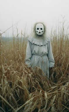 a creepy doll standing in the middle of a field with tall grass and fog behind it