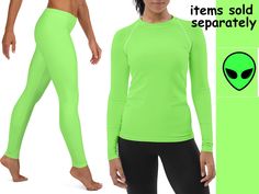 Green alien inspired spandex athletic athleisure costume for women. Activewear yoga and regular workout leggings and long sleeve rash guard shirt (ITEMS SOLD SEPARATELY). Great for running, Halloween costume, Cosplay outfit,  marathon running, themed Birthday party, workout, sports or as a comfortable everyday wear. Rash Guard is perfect for surfing, swimming and water sports. Items are made from premium quality silky smooth, luxurious feel, soft and comfortable fabric which is stretchy, light, Fitted Green Moisture-wicking Activewear, Fitted Green Rash Guard, Green Stretch Rash Guard For Sports, Green Fitted Sporty Rash Guard, Green Sporty Rash Guard, Fitted Casual Green Rash Guard, Fitted Green Long Sleeve Rash Guard, Fitted Long Sleeve Green Rash Guard, Green High Stretch Activewear With Thumbholes