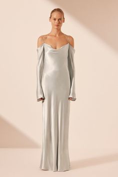 La Lune Off Shoulder Tie Maxi Dress | Silver | Dresses | Shona Joy Bridesmaid Pants, Silver Silk Dress, 70s Glamour, Silver Dresses, Tie Maxi Dress, Off Shoulder Maxi Dress, Dress Silver, Shona Joy, Dress With Tie