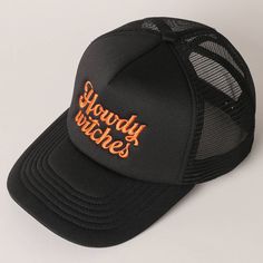 Howdy Witches Embroidered Mesh Back Trucker Hat - "Howdy Witches" Embroidery Design - 5 Panel Mesh Back Trucker Hat - Perfect Hat for Halloween - 100% Cotton *One Size Fits All - Adjustable Snapback Makes Fit Comfortable.* The Embroidery Baseball Cap is a stylish accessory blending casual comfort with artistic flair. Crafted from durable cotton twill, it boasts a classic six-panel design for a timeless appeal. What sets it apart is the intricate embroidery adorning the front, showcasing vibrant Cheap Playful Black Trucker Hat, Affordable Black Playful Trucker Hat, Cheap Mesh Trucker Hat, Cheap Black Mesh Trucker Hat, Affordable Mesh Trucker Hat With Letter Print, Cheap Black Trucker Hat With Embroidered Logo, Trucker Hat Fashion, Scarf Coverup, Rebecca Black