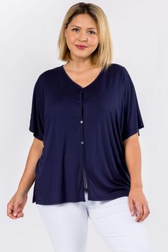 This simple button up top features short sleeves, a flattering v-neckline, and is constructed with soft, stretchy, knit material we all love! Rayon V-neck Top With Button Closure, V-neck T-shirt With Button Closure, Button Up Top, All Love, Plus Size Top, Knitting Materials, Love Is All, Short Sleeve Top, Neck Designs