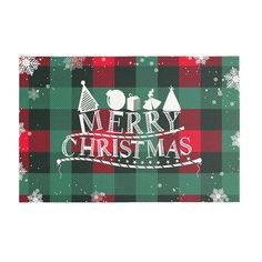 a green and red plaid christmas placemat with merry lettering on the front, surrounded by snowflakes