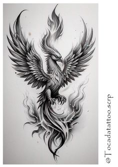 a bird with flames on it's wings is shown in black and grey ink