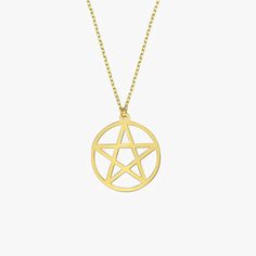 Pentagram Necklace | 14K Solid Gold - Mionza Jewelry-celestial jewelry, geometric necklace, goth necklace, gothic necklace, halloween gifts, halloween jewelry, halloween necklace, pentacle necklace, pentagram necklace, silver disc necklace, star necklace, wiccan jewelry, witch necklace Spiritual 14k Gold Jewelry With Adjustable Chain, Gold Mystical Sterling Silver Necklace, Mystical Sterling Silver Gold Necklace, Symbolic 14k Gold Jewelry With Adjustable Chain, Mystical 14k Gold Jewelry Gift, 14k Gold Symbolic Jewelry With Adjustable Chain, Symbolic 14k Gold Star Of David Jewelry, Minimalist 14k Gold Star Of David Necklace, Mystical 14k Yellow Gold Jewelry