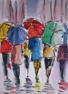 a painting of people walking in the rain with umbrellas over their heads and holding hands