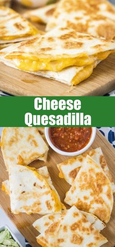 cheese quesadilla on a cutting board with salsa in the background