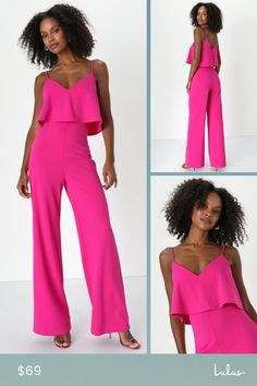 Spice up your next date night with the Lulus Make It a Date Magenta Sleeveless Wide-Leg Jumpsuit! Crepe knit shapes this flirty night-out jumpsuit that has adjustable spaghetti straps, a V-neckline, and a fitted sleeveless bodice with a flounce overlay. The high waist tops wide legs that end at ankle-length hems. Hidden back zipper. Fit: This garment fits true to size. Length: Floor length. Size medium measures 55" from adjustable straps to hem. Inseam: 32.00 Front Rise: 13.75 Bust: Great for an Flirty Spring Jumpsuit With Spaghetti Straps, Flirty Spaghetti Strap Jumpsuits And Rompers For Spring, Flirty Spaghetti Strap Jumpsuits For Spring, Flirty Spring Jumpsuits And Rompers With Spaghetti Straps, Chic Spaghetti Strap Jumpsuits For Parties, Chic Spaghetti Strap Jumpsuits And Rompers For Party, Chic Party Jumpsuits And Rompers With Spaghetti Straps, Flirty Jumpsuits And Rompers For Date Night, Trendy Spaghetti Strap Jumpsuits For Parties