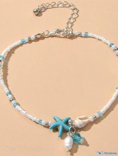 OrcaJump - Womens European Boho Fashion Anklet with Blue Beads and Starfish Resin - Perfect for Beach and Holiday Wear - 1 Piece Blue Beaded Starfish Anklet, Starfish Charm Anklets For Beach Vacation, White Starfish Charm Anklet For Beach, Blue Starfish Charm Anklet For Vacation, Blue Starfish Charm Anklet For Summer, White Beach Anklets With Starfish Charm, Vacation Anklets With Starfish Charm For Beach Season, Blue Anklet With Starfish Charm For Vacation, Blue Anklet With Starfish Charm For Summer