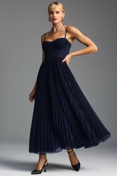 Hutch Amara Bustier Pleated Fit & Flare Midi Dress | Anthropologie Amara Dress, Engagement Party Dresses, Charmeuse Dress, Pleated Tulle, Flare Midi Dress, Tulle Midi Dress, Dress Picture, Blue Midi Dress, Anthropologie Dress