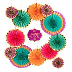 colorful paper fans with happy birthday sign hanging from strings in front of a white background