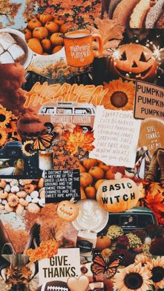 a collage of pumpkins and other things