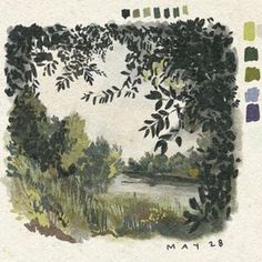 a drawing of trees and water in the background