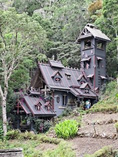 an old style house in the woods with lots of plants and trees on it's side