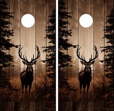 two panels with an image of a deer in the woods at night, and one panel has a full moon on it