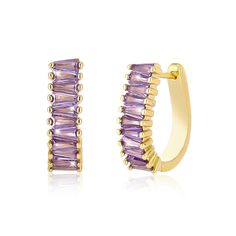 PRICES MAY VARY. 【High-Quality Material】These U shaped purple gold statement earrings are skillfully made from high-quality brass and AAA+ quality cubic zirconia,ensuring a lightweight wearing experience.The lead-free and nickel-free composition ensures optimal comfort for your ears. 【Chunky Purple Hoop Earrings】The timeless gold design of these earrings,in tandem with their modern hoop shape,creates a classic yet trend-driven accessory that transcends seasons.The simplicity of these Huggie Hoop Purple Cubic Zirconia Party Earrings, Trendy Purple Hoop Earrings, Purple Cubic Zirconia Earrings, Hypoallergenic Purple Hoop Earrings, Elegant Purple Gemstone Hoop Earrings, Purple Statement Earrings, Gold Earrings For Women, Crystal Hoop Earrings, Gold Statement Earrings