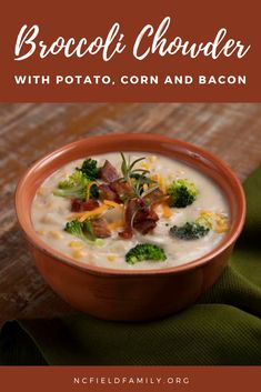 broccoli chowder with potato, corn and bacon in a bowl on a wooden table