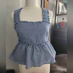 Francescas Blue Checkered Open Back Top - New With Tags, Tye Back Blue Summer Tops For Picnic, Blue Summer Top For Picnic, Blue Cotton Top For Picnic, Trendy Blue Top For Picnic, Trendy Blue Tops For Picnic, Blue Fitted Top For Picnic, Fitted Blue Tops For Picnic, Fitted Blue Top For Picnic, Beachy Boho Style