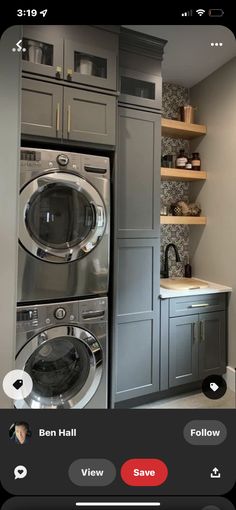 the app is showing an image of a washer and dryer in a kitchen