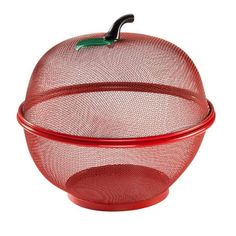 a red mesh strainer on a white background