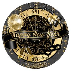 a happy new year clock with gold and black decorations