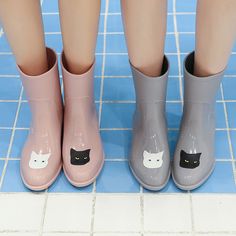 Features: Item: Rainboots Gender: Female Waterproof and wear-resistant Cartoon pattern Closure Type: Regular Cat Grey, Platform Boots Chunky, Summer Boots, Rain Shoes, Womens Rain Boots, Buckle Ankle Boots, Flower Black, Boots Waterproof, Cat Black