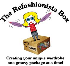 the refashionista box logo with a cartoon girl standing on top of a cardboard box