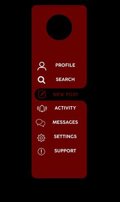 a red sign that says profile search new post activity messages settings support on the screen