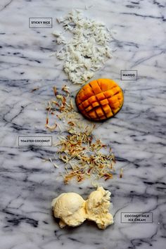 the ingredients to make this recipe include carrots, rice and other vegetables on a marble countertop