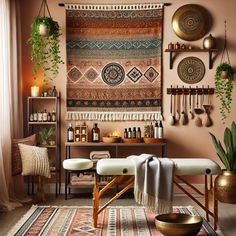 a room filled with lots of different items and decor on the wall, including a large tapestry