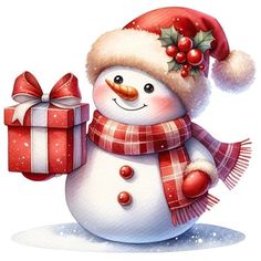 a snowman wearing a santa claus hat and scarf holding a gift wrapped in red ribbon