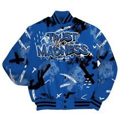 Brand Dunkare Low Space Royal 11s Shirt Trust Your Madness Retro All Over Print Baseball Varsity Jacket Casual Blue Outerwear With Graffiti Print, Blue Varsity Jacket For Streetwear, Blue Varsity Jacket With Button Closure For Streetwear, Blue Graphic Print Outerwear For Streetwear, Blue Long Sleeve Outerwear With Graffiti Print, Blue Cotton Outerwear With Graphic Print, Urban Blue Outerwear With Graphic Print, All Over Print Long Sleeve Streetwear Outerwear, Casual Fitted Outerwear With Graffiti Print