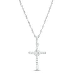 Celebrate your faith with this gorgeous diamond cross pendant. Fashioned in sterling silver, this cross-shaped look shimmers with diamonds along the tapered edges. A burst of baguette-cut and round diamonds sparkles at the center. Radiant with 1/6 ct. t.w. of diamonds and a brilliant buffed luster, this pendant suspends along an 18.0-inch rope chain that secures with a spring-ring clasp. Diamond White Diamond Cross Necklace, Diamond White Diamond Crucifix Necklace, Diamond White Crucifix Cross Necklace, Diamond Cut Diamond Crucifix Necklace, Diamond-cut Crucifix Necklace, Diamond-cut Crucifix Cross Necklace, Diamond White Cross Necklace With Diamond Accents, Diamond Crucifix Necklace With Accents, White Diamond Cross Pendant Necklace