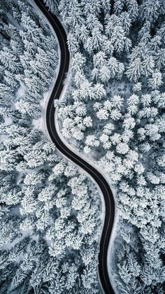 an aerial view of a winding road in the middle of snow - covered trees, taken from above