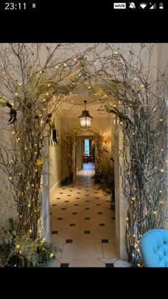 an archway decorated with branches and lights in the hallway at christmas time, leading into a formal dining room