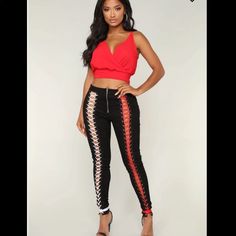 Tags Are Taken Off But Never Worn. Size Is A Small. Black Pants Kinda Felt Material With Red Lace Up Strings And White Lace Up Strings. Red High Waist Bottoms For Going Out, Red Stretch Bottoms For Date Night, Casual Red Bottoms For Date Night, Fashion Nova Pants, Felt Material, Jumpsuit Trousers, Pants Color, Red Lace, White Lace