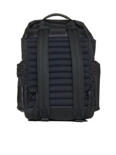 48% Polyamide, 20% Polyurethane, 20% Calf leather, 10% Nylon, 2% Metal Functional Leather Backpack With Leather Trim, Functional Black Backpack With Removable Padding, Luxury Nylon Backpack, Luxury Nylon Standard Backpack, Modern Nylon Bag With Leather Trim, Luxury Nylon Backpack With Leather Trim, Urban Nylon Waterproof Bags, Urban Waterproof Nylon Bags, Sporty Leather Backpack