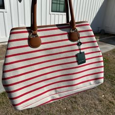 Cute Brand New With Ties Never Used Exactly A Shown In Photos. Red Striped Canvas Lined With Pockets And Leather Handles Ralph Lauren Handbag. Red Canvas Bags For Errands, Red Canvas Bag For Errands, Red Canvas Bags With Leather Handles, Ralph Lauren Tote, Wool Tote, Ralph Lauren Handbags, Plaid Tote Bag, Brown Leather Tote Bag, Plaid Tote