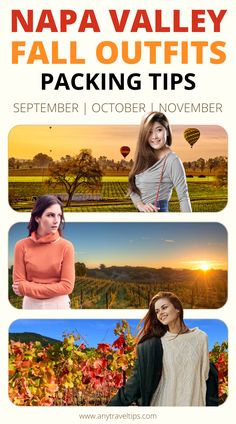 the napa valley fall outfits packing tips flyer is shown in three different colors and sizes