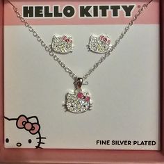 Absolutely Stunning Pair Of Hello Kitty Earrings And Matching Necklace. Full Of Bling And Sparkle! Brand-New In Gift Box Ready For A Hello Kitty Fan! Such A Beautiful Set! Hello Kitty Sterling Silver Necklace, Cute Silver Hello Kitty Necklace, Cute Hello Kitty Silver Necklace, Hello Kitty Sterling Silver Jewelry Gift, Pink Hello Kitty Sterling Silver Jewelry, White Sterling Silver Hello Kitty Jewelry, Hello Kitty Sweet 16, Hello Kitty Jewelry Earrings, Sweet 16 Jewelry