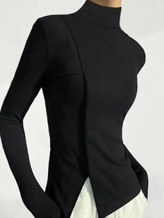 Long Sleeves Solid Color Split-Joint High Neck T-Shirt  Product DescriptionMaterial : 95% Polyester,5%SpandexStyle : SkinnyFeature : Split-joint,Solid ColorNeckline : High NeckOccasion : Casual,UrbanSeasons : Spring,AutumnType : T-shirtsColor : BLACKSize : S,M,L,XL,2XLPlease consult the size chart we provide for this item's measurements to help you decide which size to buy.Please note: There may be 1-3cm differ due to manual measurement. Woman Fashion 2024, Trendy Fall Outfits For Women, One Sleeve Shirt, Long Sleeve Top Outfit, Dramatic Fashion, Basic T Shirts, Slim Fit Top, Black And White Blouse, High Neck Long Sleeve