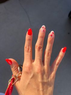 Strawberry Accent Nail, Red Nails For Spring, Spring Fruit Nails, Fruit On Nails, Strawberry Nails Simple, Almond Nails Strawberry