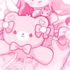 a pink hello kitty wallpaper with two girls and a teddy bear on it's back