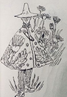 a black and white drawing of a person wearing a hat with flowers in the background