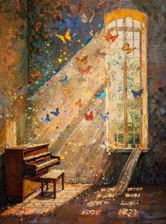 a painting of a room with a piano and butterflies on the wall