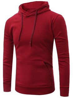 Kangaroo Pocket Plain Hoodie - Wine Red - 3E10284815 - Men's Clothing, Men's Hoodies & Sweatshirts  #MensHoodiesSweatshirts #Men's #Clothing # #Men's #Hoodies #& #Sweatshirts Stretch Hooded Tops With Pockets, Red Winter Tops With Pockets, Red Long Sleeve Sweatshirt With Kangaroo Pocket, Red Stretch Crew Neck Sweatshirt, Red Hooded Cotton Sweater, Fitted Casual Fleece Tops, Solid Hoodie With Kangaroo Pocket, Solid Long Sleeve Tops With Kangaroo Pocket, Cotton Hooded Top