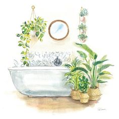 a watercolor painting of a bathtub with plants on the side and a mirror above it