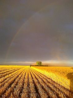 a large field with a rainbow in the sky and a house on top of it